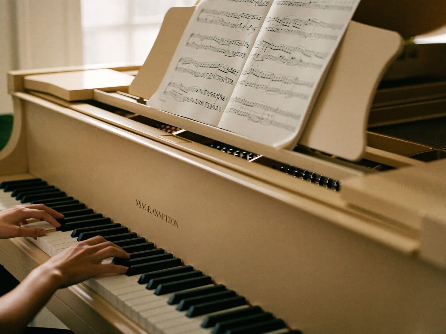 Hands at a piano with sheet music during a lesson at MS Academy
