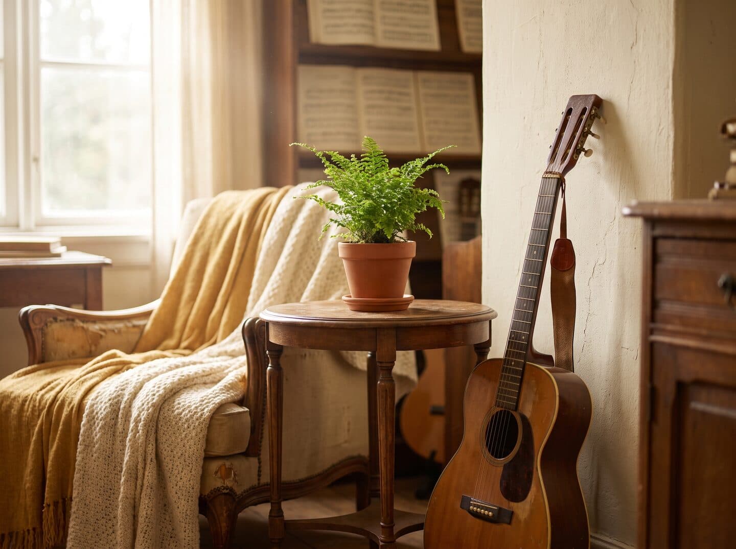 A cosy corner of MS Academy with a fern, an armchair with a knit throw and an acoustic guitar